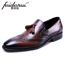 New Vintage Designer Handmade Mens Formal Dress Carved Loafers Genuine Leather Round Toe Slip on Man Wingtip Brogue Shoes YMX540 2024 - buy cheap