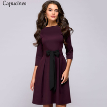 Colorblock Bow Sashes Slim A-Line Dress Women 2019 Spring Autumn Casual O-Neck 3/4 Sleeves Dress Sexy Club Party Mini Dresses 2024 - buy cheap