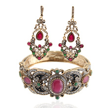 Vintage Turkish Women Hollow Flower Jewelry Sets Round Resin Bangle Long Antique Hook Dangle Earrings Bride Ethnic Bracelet Cuff 2024 - buy cheap