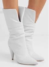 2018 Spring New White Solid Color Pointed Toe Spike Heels Slip On Mid-calf Short Boots Women's Off-white Leather Boots Lady 2024 - buy cheap