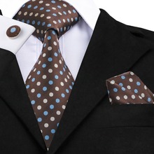 2017 gravata marrom com bolinhas, gravatas com lenços e abotoaduras, de seda, masculina, formal, para negócios, casamento, festa, visual 2024 - compre barato