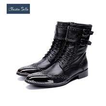 Christia Bella Winter Fashion Rivets Lace Up Men Boots Bullock Carved Genuine Leather Men Boots Punk Motorcycle Boots 2024 - buy cheap