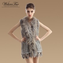 2017 New Women New Knit Rabbit Fur Vest Natural Raccoon Fur Collar Gilet Winter Warm Real Rabbit Fur Waistcoats 2024 - buy cheap