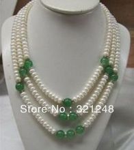 Diy encantador 3 filas 7-8mm blanco natural cultivadas de agua dulce perla redonda de Calcedonia Verde collar de perlas de joyería de MY2327 2024 - compra barato