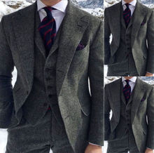 Conjunto de 3 piezas de Tweed para hombre, traje de lana de oveja, espiguilla, estilo Retro clásico, cálido para invierno, personalizado, gris 2024 - compra barato