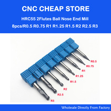 8PC radius 0.5 0.75 1.0 1.25 1.5 2.0 2.5 3.0 HRC55 2 flutes Tungsten Carbide Ball Nose End Mill set 50MM CNC milling 55HRC mill 2024 - buy cheap