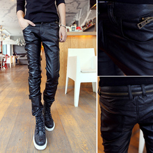New !! Men's Fashion Trousers Zipper Leather Pants Slim Trend Leather Pants Thermal Trousers / Free Shipping / 28-34 2024 - buy cheap