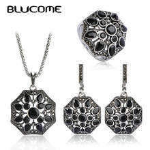 Blucome Vintage Round Mix Resin Pendant Necklace Earrings Ring Set Princess Hooks Women Party African Beads Turkish Jewelry Sets 2024 - купить недорого