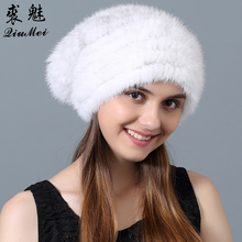 Novo chapéu de pele de vison feminino, chapéu quente de pele genuína para o inverno, skullies & gorros de pele natural tricotada, chapéus de pele casual feminino 2024 - compre barato