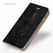 Langsidi capa de cartão flip para samsung, s10 s8 s9 plus s7 edge a50 a70 A8-2018 j7 caveira de crocodilo genuíno capa de telefone de couro 2024 - compre barato