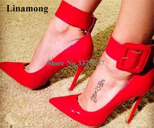 New Fashion Women Pointed Toe Red Pink Patent Leather Stiletto Heel Pumps Ankle Strap Big Button High Heels Wedding Shoes 2024 - buy cheap