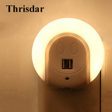 Thrisdar-Sensor de luz LED de noche con 2 puertos USB, adaptador de cargador USB de 5V, lámpara de pared enchufable, EU/EE.UU. enchufe, novedad 2024 - compra barato