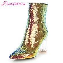 Lasyarrow Women Boots Shoes Women High Heels Ankle Boots Zipper Pointed Toe Glitter Martin Boots Ladies Shoes Bling Bling Boots 2024 - buy cheap
