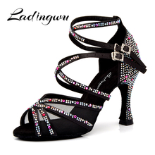Ladingwu Latin Dance shoes For Women Ballroom Ladies Shoes Red Pomegranate Rhinestones Tango Dance Shoes Black High Heel Shoes 2022 - buy cheap