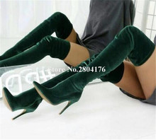 Women Sexy Fashion Pointed Toe Velvet Over Knee Thin Heel Boots Green Slim Style Long High Heel Boots Club Dress Shoes 2024 - buy cheap