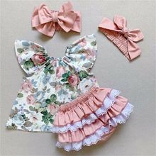 US Toddler Kid Baby Girl Floral Shirt Tops Lace Ruffle Shorts Headband Outfits 2024 - buy cheap