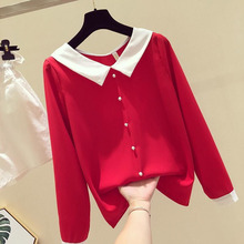 Women Spring Summer Cute Chiffon Blouses Shirts Lady Casual Peter pan Collar Long Sleeve Beading Blusas Tops DF2213 2024 - buy cheap