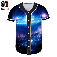 OGKB Nova Moda Noite Estrelada Impresso 3D Baseball Mulheres Tshirt Ocasional Tshirt Com O Botão V Neck Manga Curta Camisola Dropship 2024 - compre barato