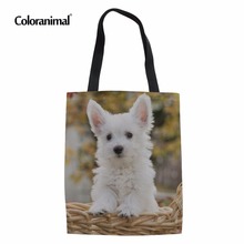 Coloranimal Reusable Eco-friendly Grocery Canvas Handbag Women Youth Girl Cute Westie Floral Print Casual Shopping Bag 2024 - buy cheap