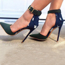 Sandalias de tela vaquera Frazzle para mujer, zapatos sexys de tacón alto con correa en el tobillo, Punta puntiaguda, stilettos, color verde militar 2024 - compra barato