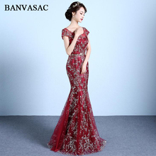 BANVASAC 2020 O Neck Lace Embroidery Mermaid Long Evening Dresses Vintage Short Sleeve Sequined Sash Party Prom Gowns 2024 - buy cheap
