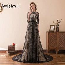 Robe de Bal Longue скромное формальное платье для выпускного вечера с рукавами 3/4 ТРАПЕЦИЕВИДНОЕ кружевное вечернее платье со шлейфом длинное винтажное платье 2024 - купить недорого