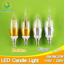 Dourado prata 5w 9w 12w e14 lâmpada led vela invólucro de alumínio 110v 220v lâmpada led e14 branco quente frio 2835 2024 - compre barato