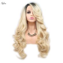 Sylvia Blonde Synthetic Lace Front Wigs Ombre Long Body Wave With Dark Roots Heat Resistant Fiber Hair Wig For Women Side Part 2024 - buy cheap