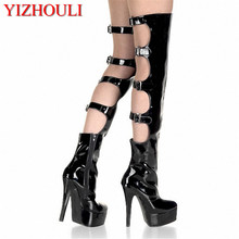 15cm high-heeled shoes cut-outs over-the-knee women's boots buckle strap motorcycle boots 6 inch thigh high boots dance shoes 2024 - buy cheap