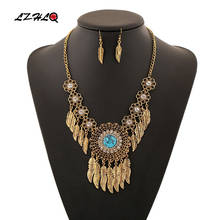 LZHLQ Vintage Multilayer Tassel Crystal Necklace Round Hollow Necklaces Women Carving Blue Stone Jewelry Metal Leaf Accessories 2024 - buy cheap