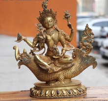 Velho Tibete Cobre Gild Tara Verde Guanyin Kwan yin-Estátua de Buda no Dragão Peixe 2024 - compre barato