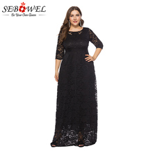 Sebowel-vestido de renda longo feminino, elegante, preto, plus size, vestido com bolsos, eving, sensual, feminino, tamanho grande 2024 - compre barato