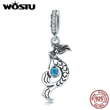 WOSTU Authentic 925 Sterling Silver Original Mermaid Tear Sea Blue Crystal Stone Bead Charms Fit Bracelet Pendant Jewelry FIC824 2024 - buy cheap