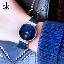 Shengke relógio feminino azul de aço inoxidável, relógio de quartzo de marca de luxo da moda, 2019, pulseira de relógio feminino # k0083 2024 - compre barato