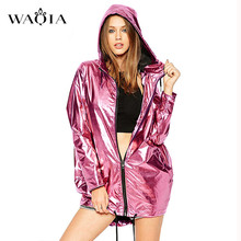 WAQIA Punk Metallic Color Hooded Basic Jacket Coat Women Lace Up Pocket Biker Jacket Outwear Autumn Casual Zipper Bomber Jacket 2024 - buy cheap