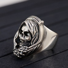 100% real S925 solid sterling silver retro style men's hollow skull adjustable style ring 2024 - buy cheap