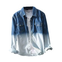 Весенне-летняя повседневная рубашка в стиле ретро с длинным рукавом, градиентный цвет, мужская Тонкая джинсовая рубашка, хлопковые джинсовые блузки, Корейская мужская одежда 2024 - купить недорого