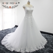 Rose Moda Short Cap Sleeves Lace A Line Wedding Dresses 2019 Backless Wedding Dress with Lace Vestidos de Noiva Real Photos 2024 - buy cheap