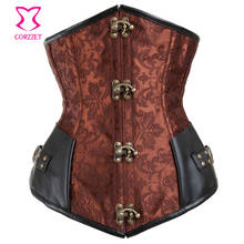 Brown Brocade Black Leather Steel Boned Underbust Corset Steampunk Corsets And Bustiers Gothic Clothing Corselet Espartilhos 2024 - buy cheap
