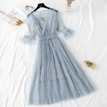 Two Piece Women Dress 2020 New Summer Sweet Short sleeve V-neck Mesh Dresses Elastic waist Ladies Long Party Dress Vestidos 2024 - buy cheap