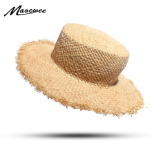 Sombrero de paja de rafia flexible para niñas, gorra UV grande para niños, sombreros de playa de verano de ala ancha, gorra plana Natural de viaje, gorra de Panamá 2024 - compra barato