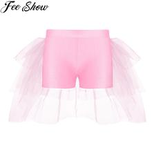 FEESHOW-pantalones cortos para niñas y niños, ropa de actuación con malla escalonada de Bustle adjunto, para baile y Ballet 2024 - compra barato