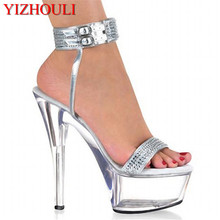 De plata tira de cristal para el tobillo 15CM Sexy Super tacón alto plataformas baile en barra/rendimiento/estrella/modelo de zapatos de sandalias de boda 2024 - compra barato