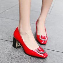 PXELENA Square Chunky High Heel Shoes Women Crystal Fashion Dress Party Date Office Ladies OL Pumps Black Red 2019 Hot Plus Size 2024 - buy cheap