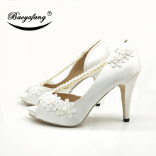 BaoYaFang Beading White Lace shoes Bride High heels Open toe Wedding Crystal Pumps fashion shoes Woman dress shoe Open Toe 2024 - buy cheap