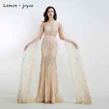 Lemon joyce New Arrival Evening Dresses 2020 Luxury Champagne Tulle Beading Long Mermaid Floor Length Prom Dress Gowns Plus Size 2024 - buy cheap