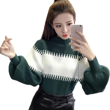 Lantern Sleeve Knit Sweater Pullover Women Fashion Stitching High Elasticity Sweater Bottoming Shirt Autumn Clothes Female Tops 2024 - buy cheap