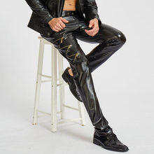Pantalones de cuero con cremallera para hombre, pantalón largo, ajustado, estilo Punk, Rock, para motocicleta y Club 2024 - compra barato