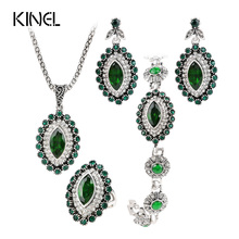 Fashion Jewelry Sets Green Crystal Flower Bridal Bracelet Ring Necklace Earring 4PCS/Lot Antique Silver Color Vintage Jewelry 2024 - buy cheap