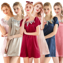 Women Sexy Nightwear Satin Sleepwear Silk Short Sleeve Sleepshirts Nightdress Knee Length Night Wear Pink Dress Night Gown 2024 - buy cheap